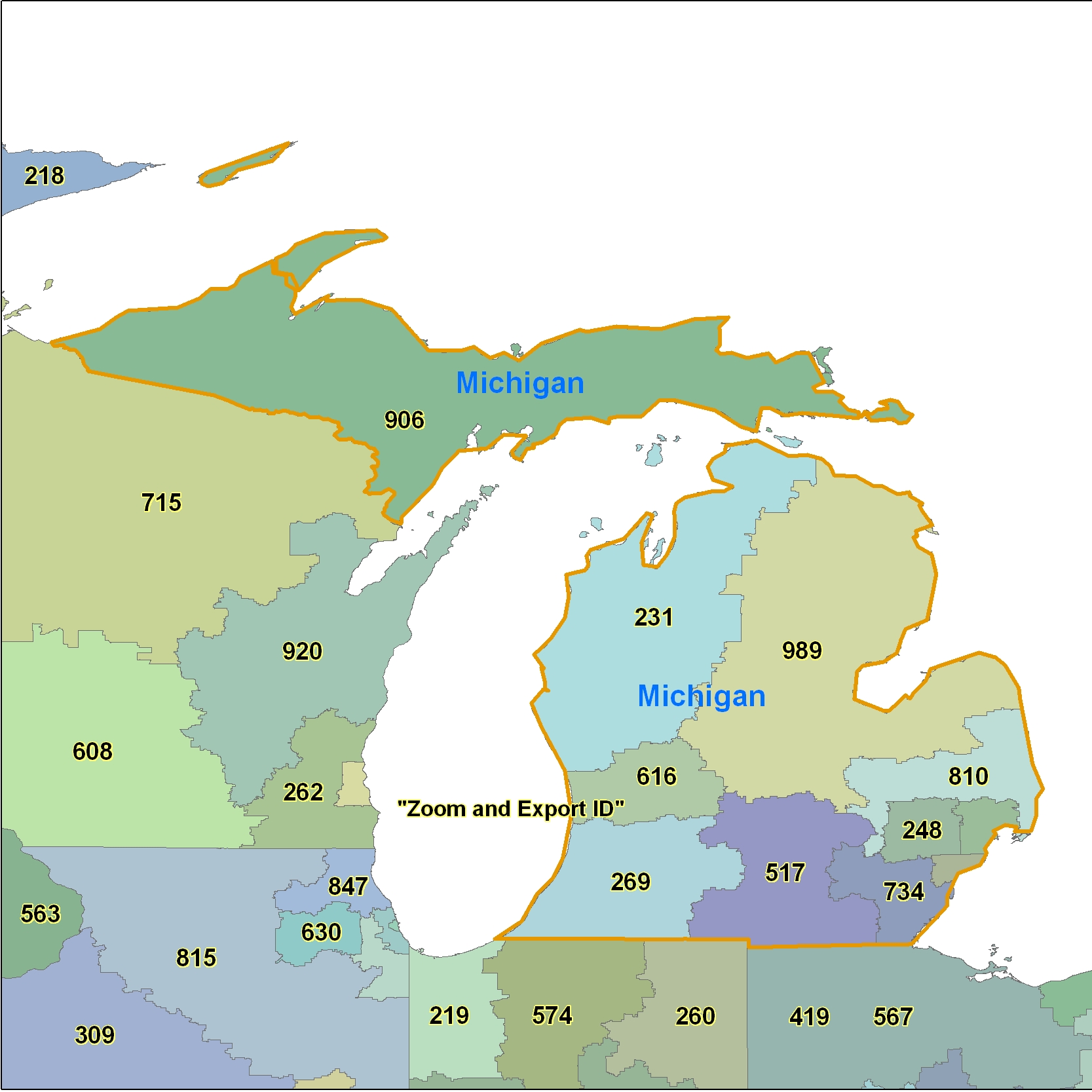 Michigan (MI) Area Code Map