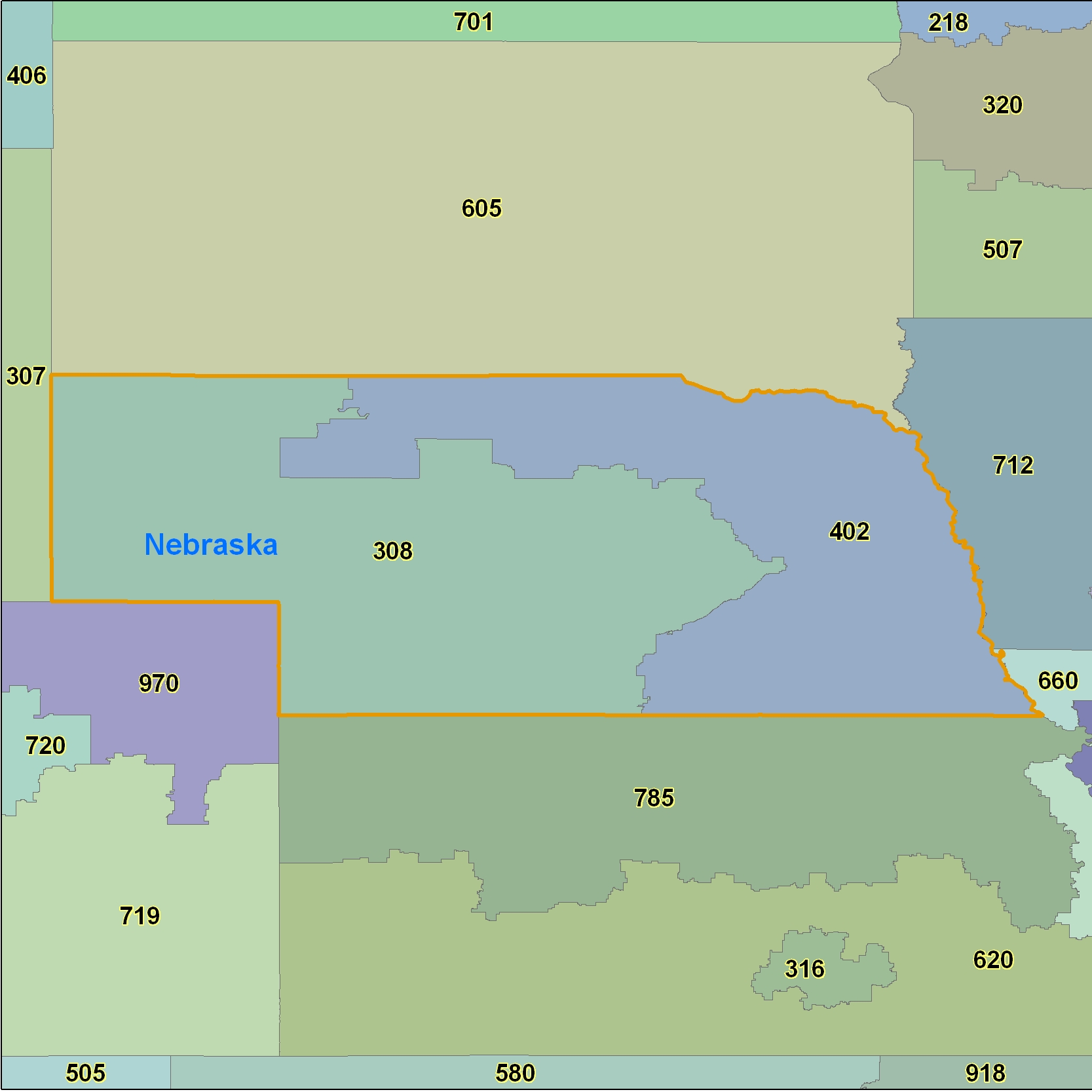 Nebraska (NE) Area Code Map
