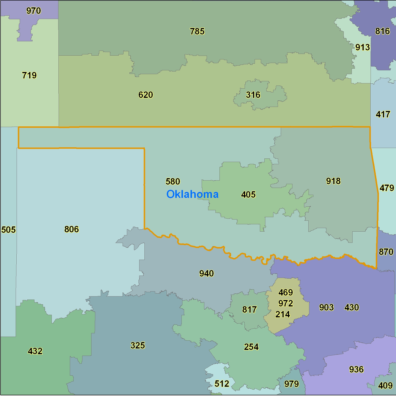 Oklahoma (OK) Area Code Map