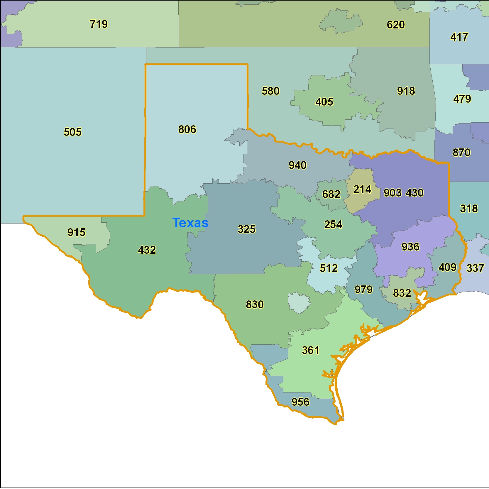Texas (TX) Area Code Map