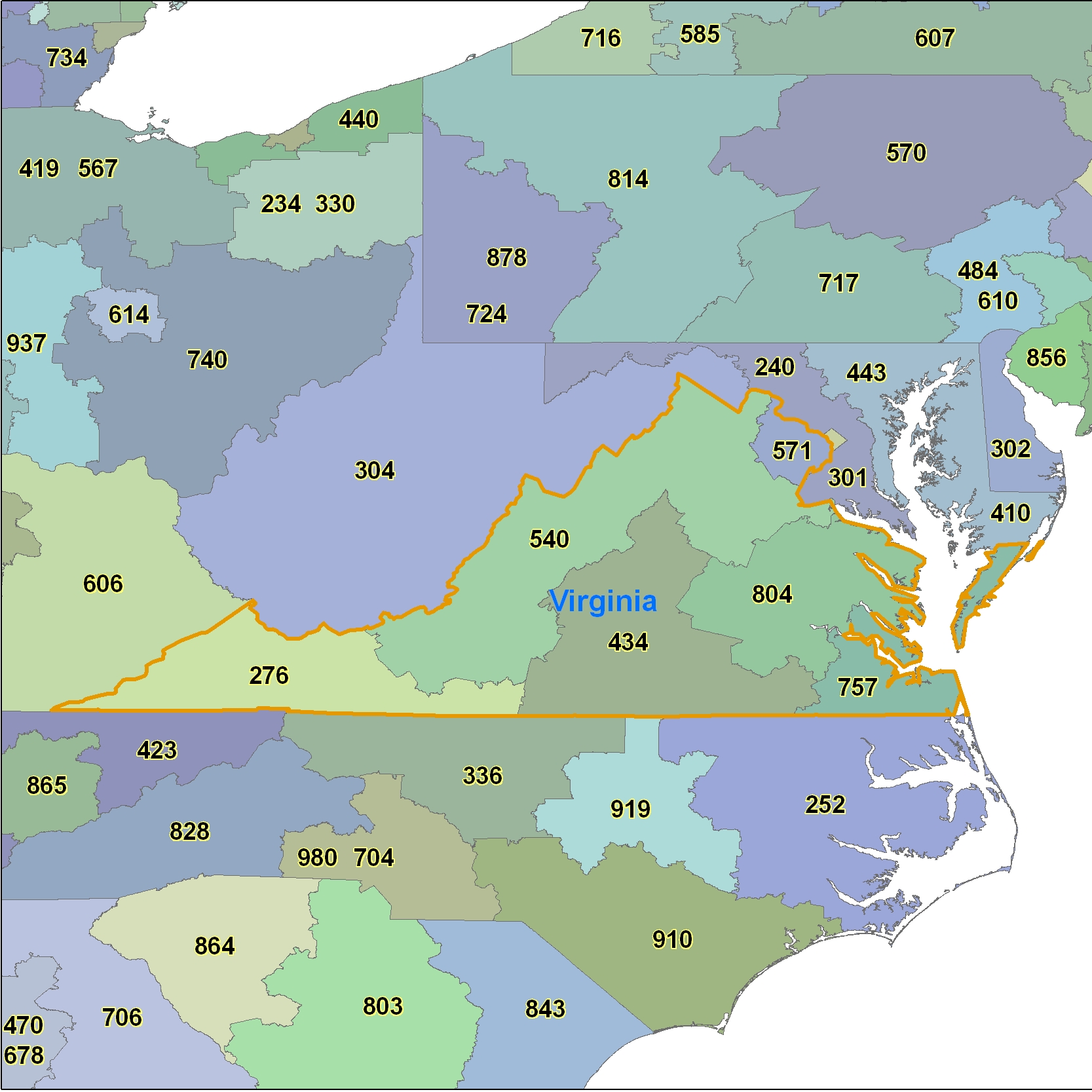 Virginia (VA) Area Code Map
