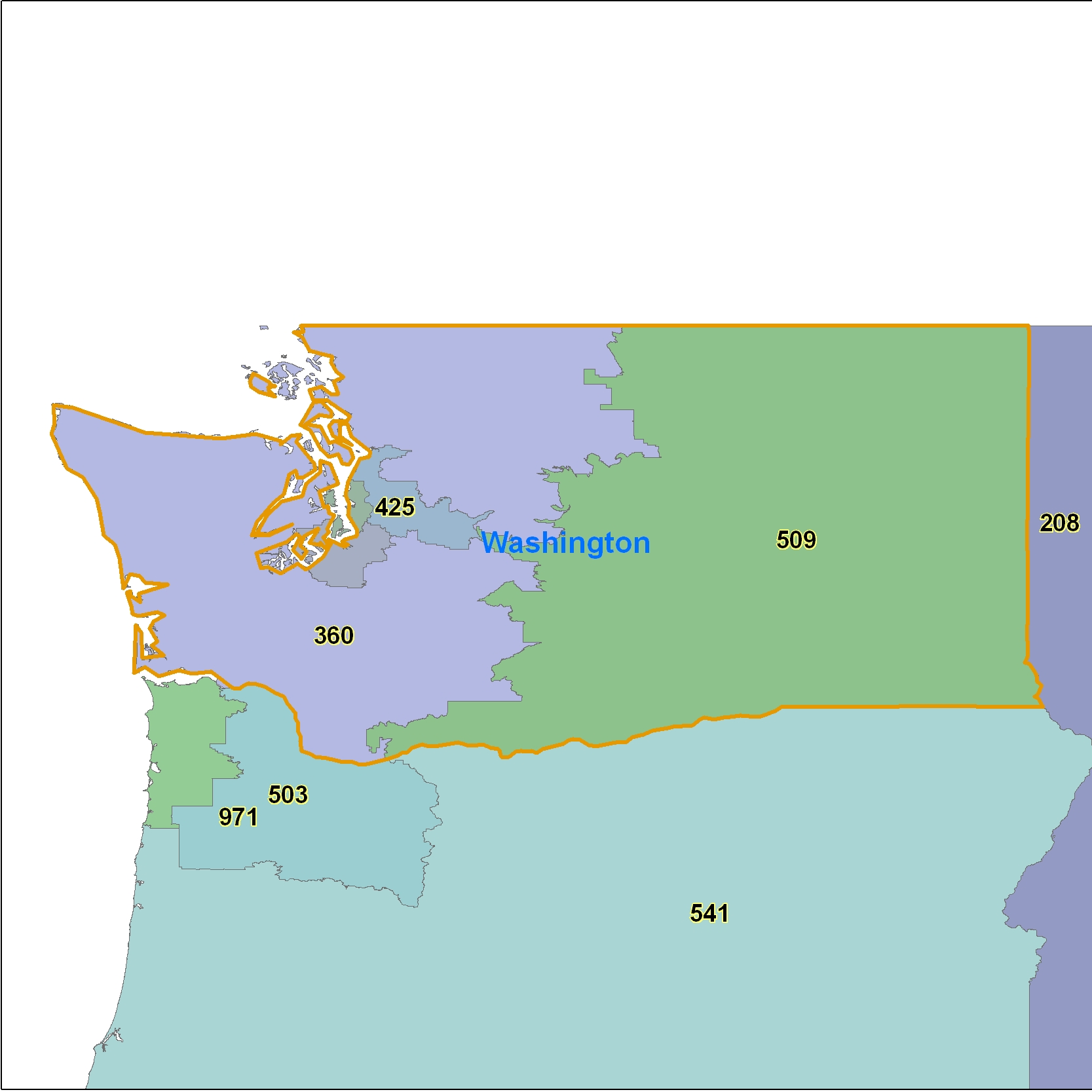 Washington (WA) Area Code Map